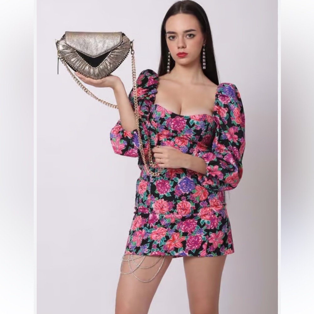 NWT Zara Floral Belted Pink Purple Puff Sleeve Mini Dress Zinnia Cottagecore XS. - Picture 5 of 16